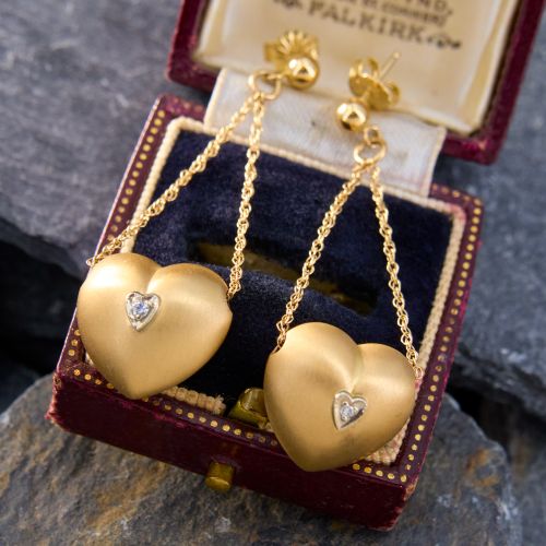 Matte Finished Gold Puff Heart Dangle Earrings 14K Yellow Gold