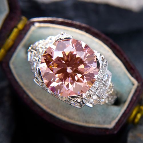 4 Carat Fancy Vivid Pink Lab Grown Diamond In Contemporary Deco Style Diamond Mounting Platinum