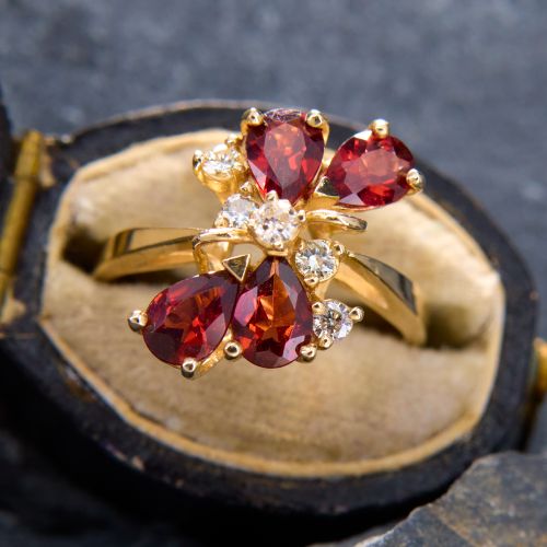 Pear Cut Garnet Cluster Ring w/ Diamond Accents 14K Yellow Gold