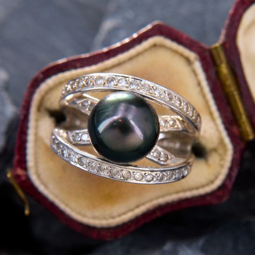 Tahitian Pearl Diamond Accented Ring 14K White Gold