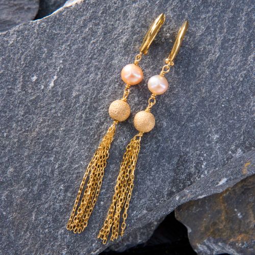Playful Tassel Pearl Earrings 14K Yellow Gold