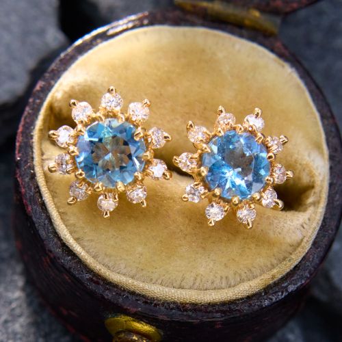 Round Aquamarine & Diamond Stud Earrings 14K Yellow Gold