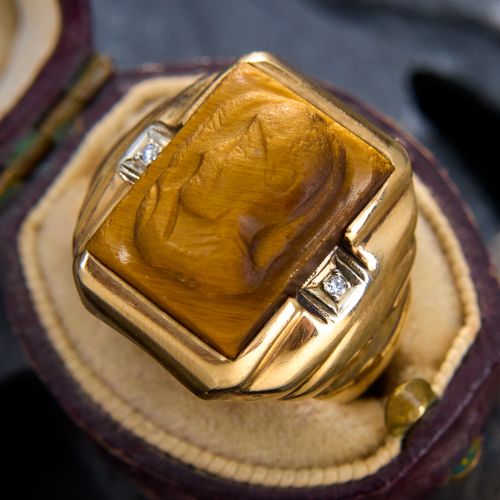 Mens Vintage Tigers Eye Cameo Ring Yellow Gold