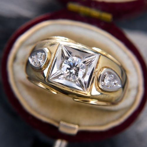 Vintage Three Stone Mens Diamond Ring 14K Two Tone Gold