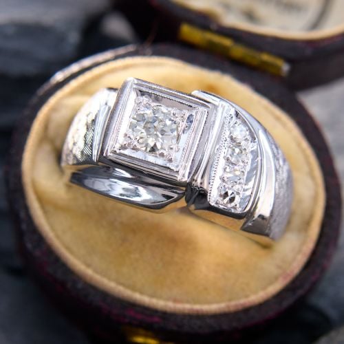 Asymmetrical Mens Vintage Diamond Ring 14K White Gold