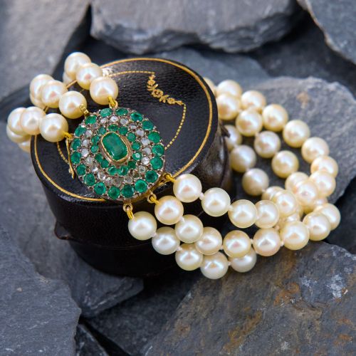 Three Strand Pearl Bracelet w/ Diamond & Emerald Clasp Silver Topped 18K Yellow Gold