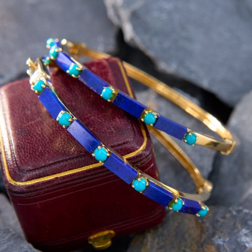 Striking Lapis & Turquoise Bangle Bracelet Pair 14K Yellow Gold
