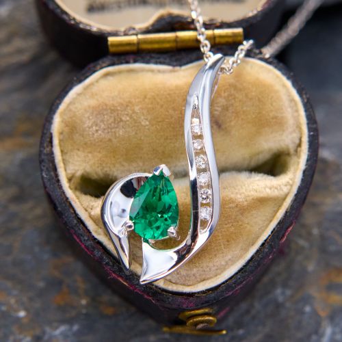 Swooping Emerald & Diamond Pendant Necklace 14K White Gold