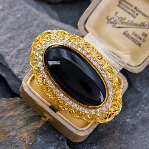 Substantial Onyx & Diamond Pin Brooch 18K Two Tone Gold