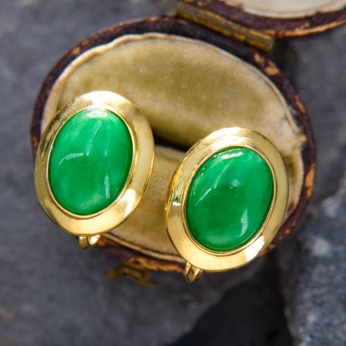 Untreated Oval Cabochon Jade Earrings 18K Yellow Gold