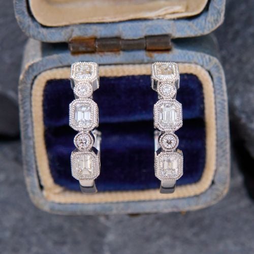 Milgrain Detail Diamond Hoop Earrings 18K White Gold