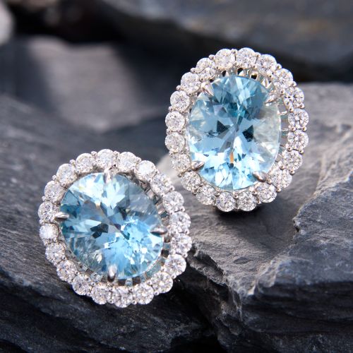 Glittering Aquamarine & Diamond Halo Earrings 18K White Gold
