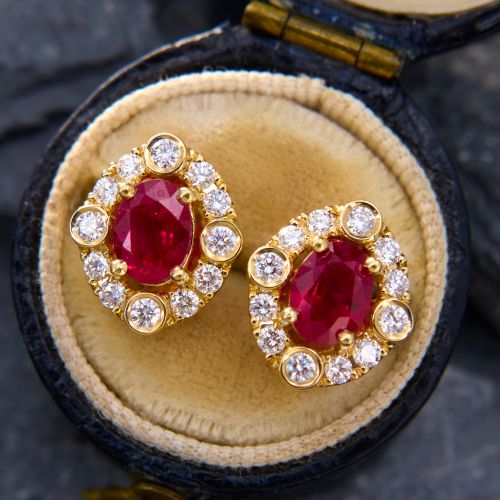 Diamond Halo Ruby Earrings 18K Yellow Gold 