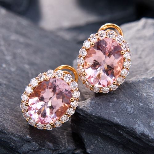 Oval Morganite Earrings w/ Diamond Halo 18K Rose Gold