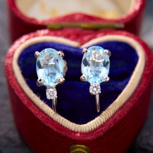Screw On Aquamarine Earring w/ Diamonds 14K White Gold