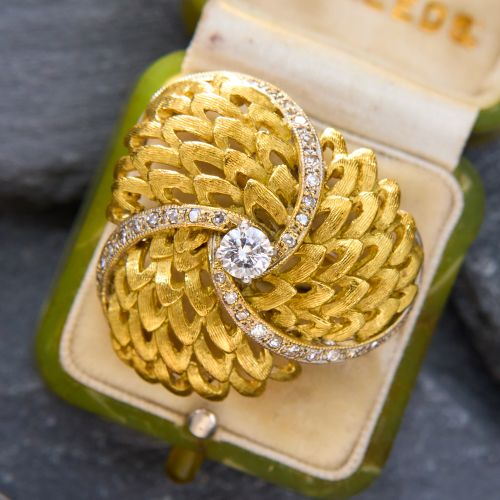 Textured Swirling Diamond Brooch 18K Yellow Gold