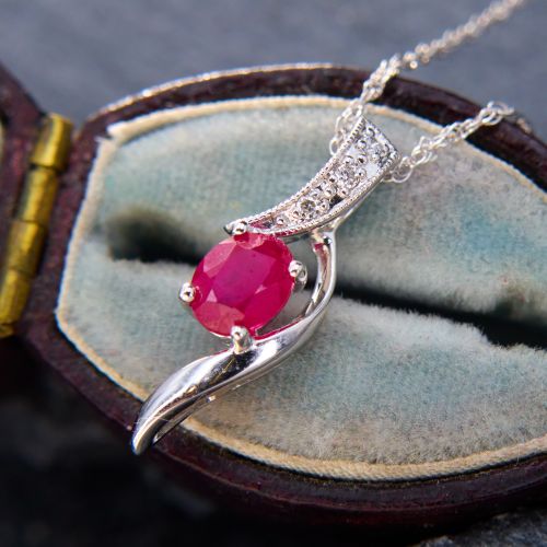 Dainty Ruby & Diamond Pendant Necklace 14K White Gold