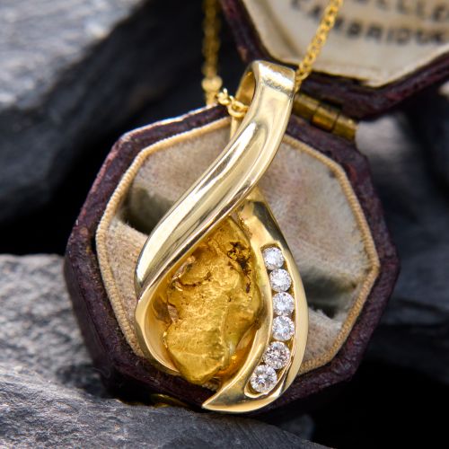 Gold Nugget & Diamond Wishbone Pendant Necklace 14K Yellow Gold