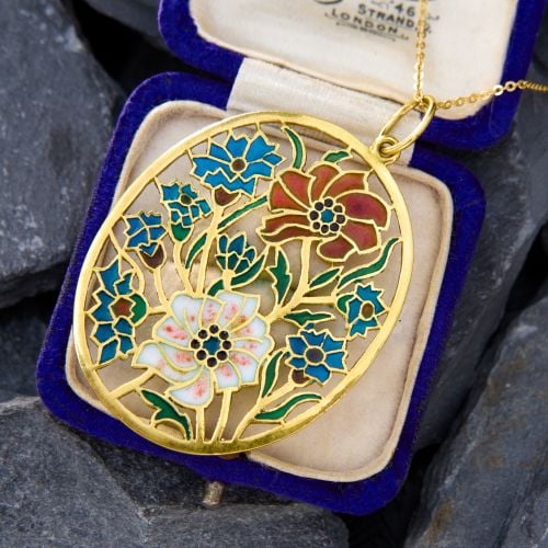 Special Vintage Plique-à-jour Flower Pendant Necklace 18K/14K Yellow Gold 