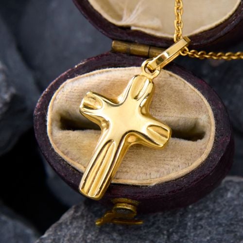 Petite Puffed Cross Charm Necklace 18K Yellow Gold