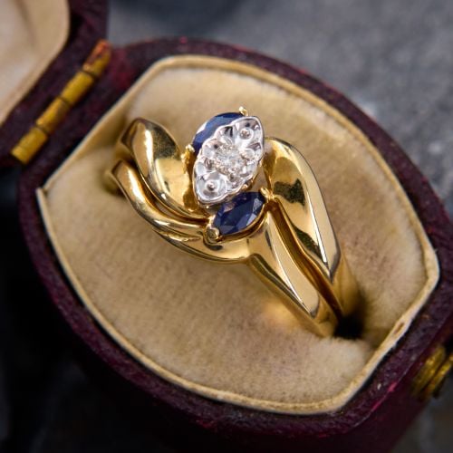 Vintage Sapphire & Diamond Wedding Set 14K Yellow Gold