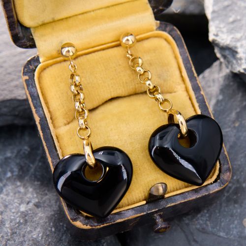 Darling Heart Shaped Black Onyx Drop Earrings 14K Yellow Gold 
