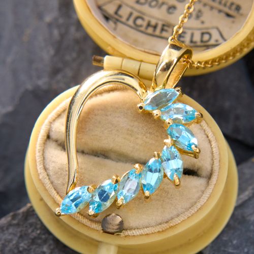 Spray Motif Heart Blue Topaz Pendant Necklace 14K Yellow Gold