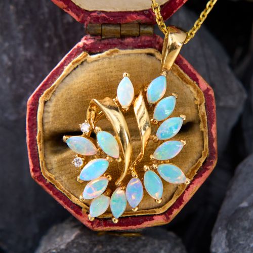 Crystal Opal Spray Pendant Necklace 14K Yellow Gold