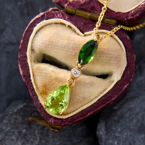 Monochromatic Peridot Diamond & Green Tourmaline Pendant Necklace 14K Yellow Gold