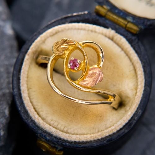  Black Hills Gold Ruby Ring Two Tone Gold