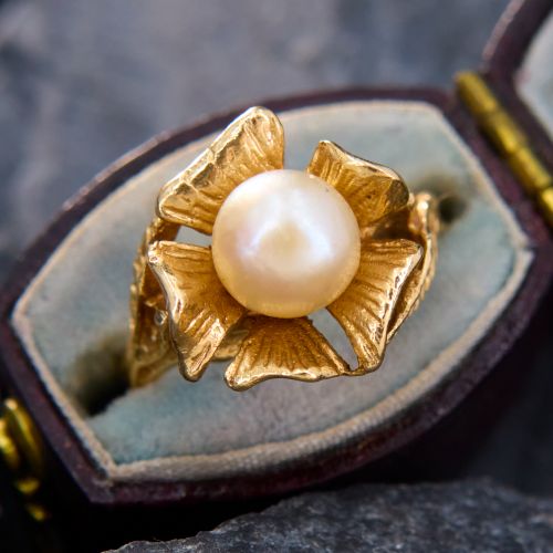 Detailed Pearl Flower Ring 14K Yellow Gold