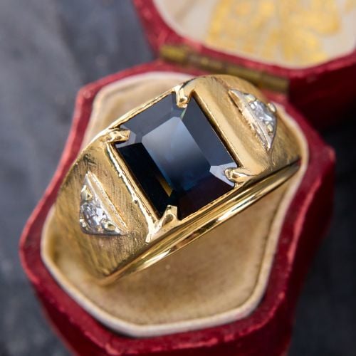 Masculine Sapphire & Diamond Ring 14K Yellow Gold