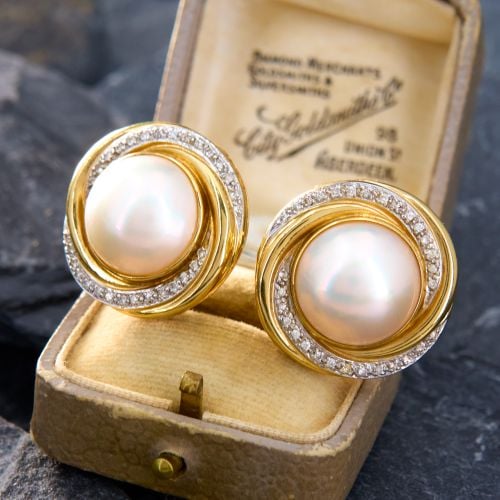 Vintage Glamour Mabé Pearl Earrings w/ Diamonds 14K Yellow Gold