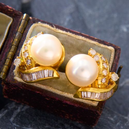 Vintage Pearl Earrings w/ Diamond Accents 14K Yellow Gold