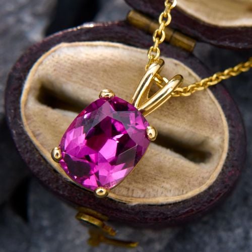 Pink Grossularite Garnet Solitaire Pendant Necklace 14K Yellow Gold