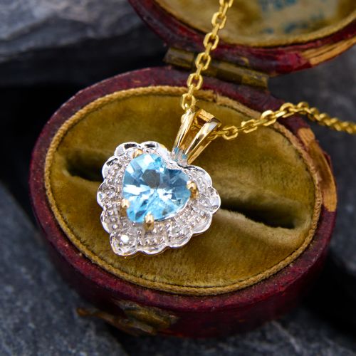 Sweet Heart Topaz & Diamond Pendant Necklace 14K Yellow Gold