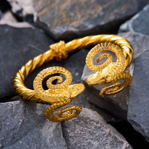 Finely Detailed Rams Head Bangle Bracelet 18K Yellow Gold
