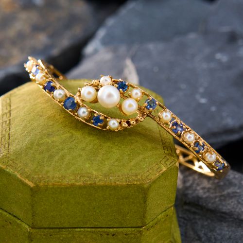 Bypassing Pearl & Sapphire Bangle Bracelet 14K Yellow Gold