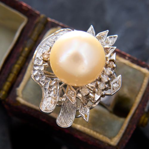 High Profile Saltwater Pearl Ring w/ Diamonds 18K White Gold 