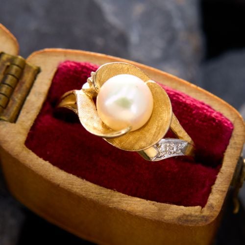 Textured Flower Akoya Pearl Ring 14K Yellow Gold
