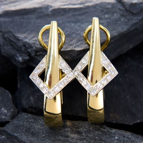 Two Tone Diamond J Hoop Earrings 14K Yellow Gold