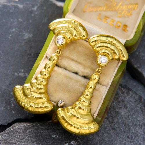 Vintage Textured Gold Diamond Dangle Earrings 18K Yellow Gold