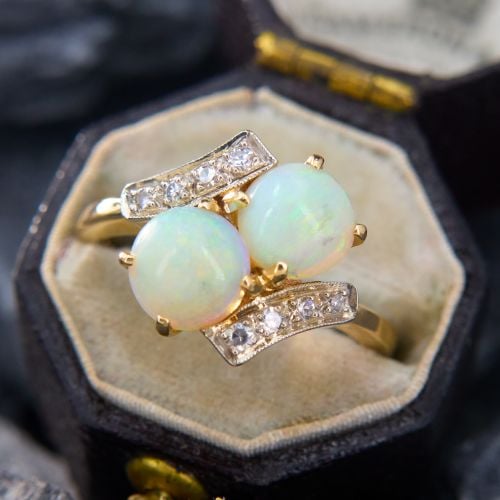 Vintage Twin Opal Ring w/ Diamonds 14K Yellow Gold 
