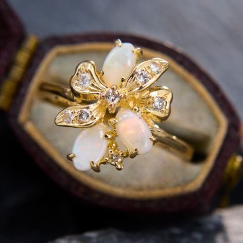 Diamond & Opal Flower Ring 14K Yellow Gold 