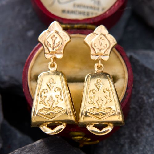 Vintage Embossed Dangle Earrings 14K Yellow Gold
