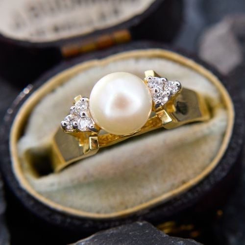 Akoya Pearl Ring w/ Diamonds 14K Yellow Gold