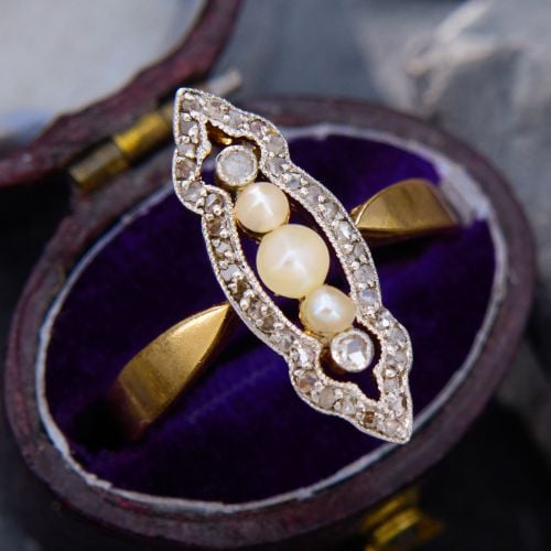 Circa 1900 Navette Motif Diamond & Pearl Ring 14K Yellow Gold/ Platinum