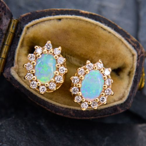 Floral Motif Opal Diamond Earrings 14K Yellow Gold Floral motif opal diamond earrings 14k yellow gold