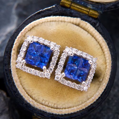 Vibrant Diamond & Sapphire Earrings 18K White Gold