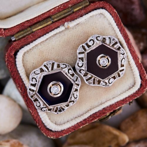 Vintage Onyx & Diamond Stud Earrings 14K Gold